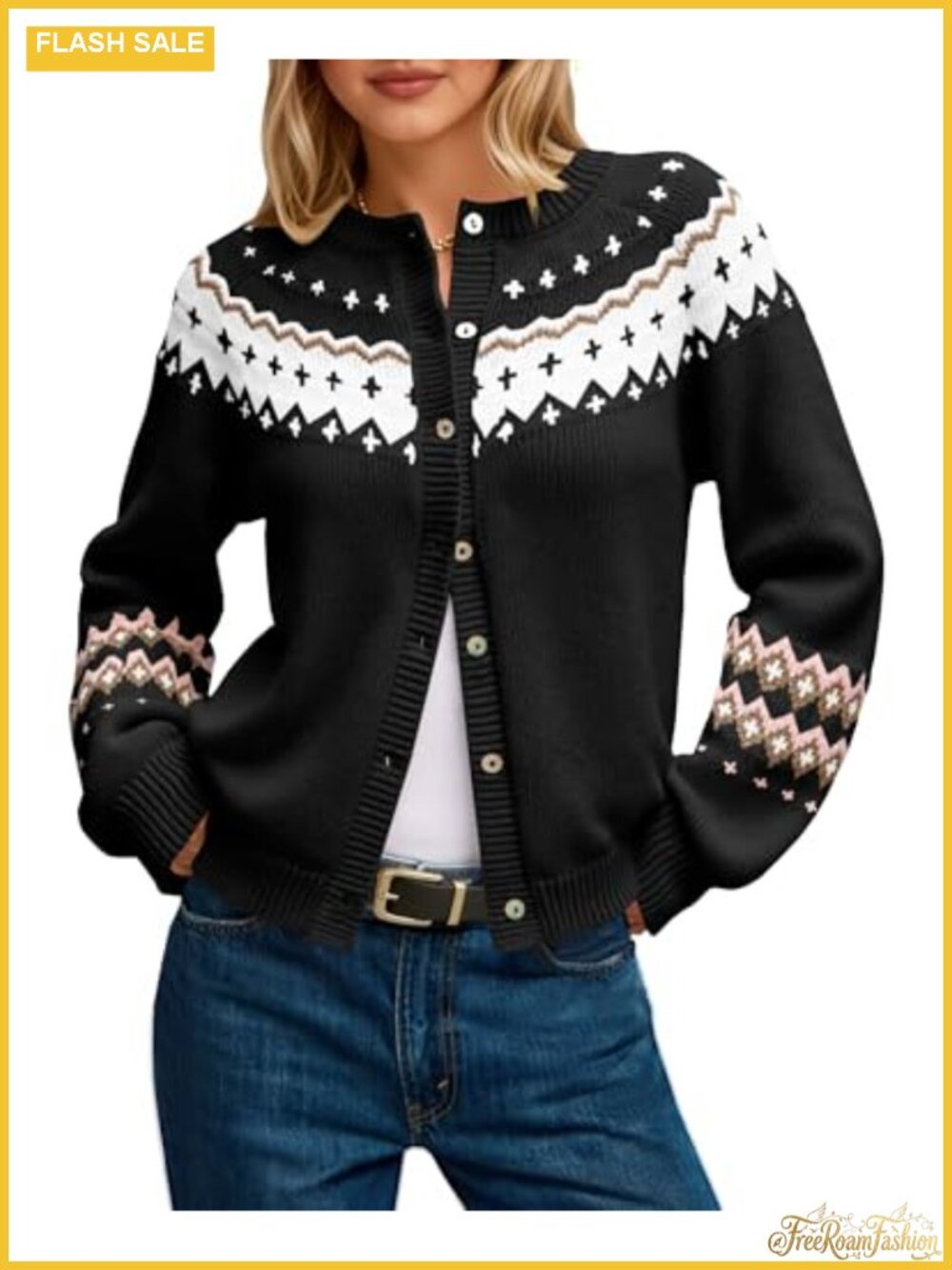 Fair Isle Button Up Cardigan Long Sleeve Crew Neck Open Front Knit Sweater Coat